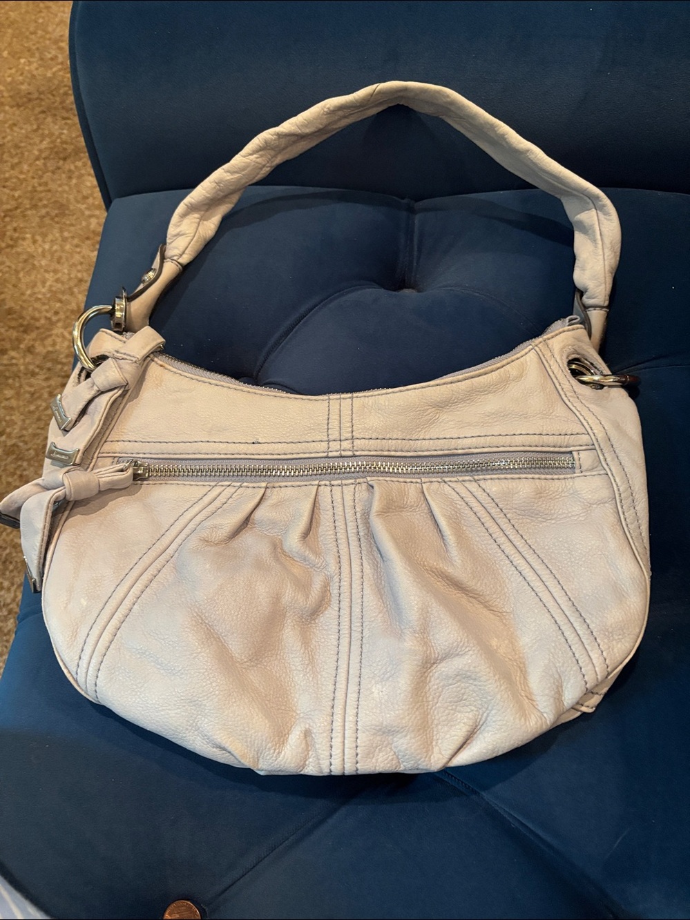 Gray Soft Leather Tote Bag with Leopard silk  Interior